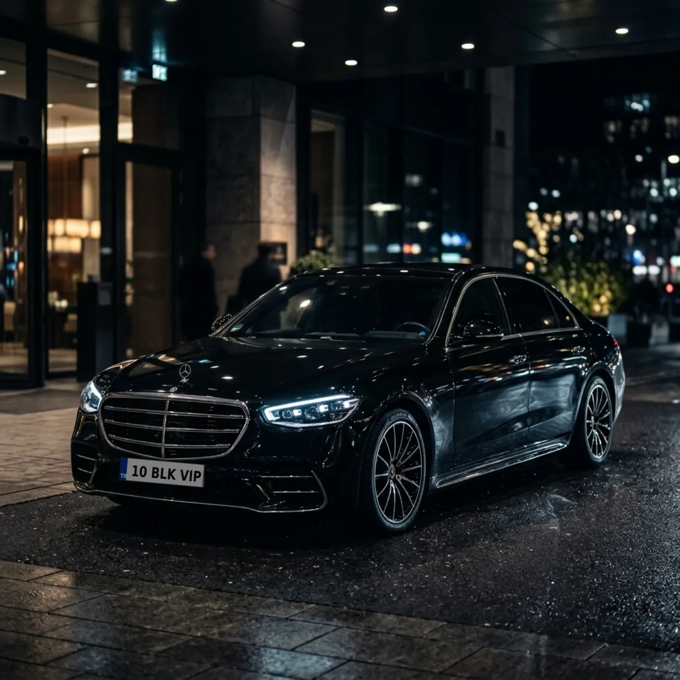 Otel önünde bekleyen siyah Mercedes-Benz S-Class VIP araç