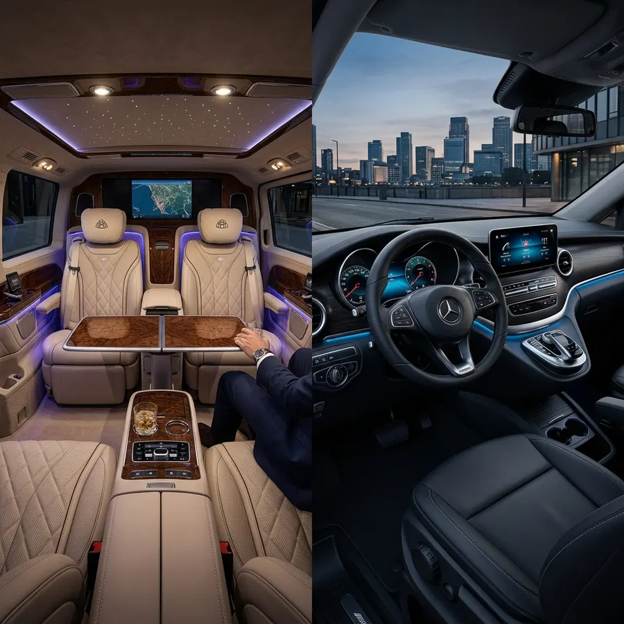 Mercedes V-Class VIP iç mekân — deri koltuklar ve ambiyans aydınlatma